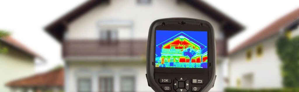 Wärmebrücke wird auf dem Bild auf einem Messinstrument dargestellt, der die Wärmeverteilung im Haus anzeigt.